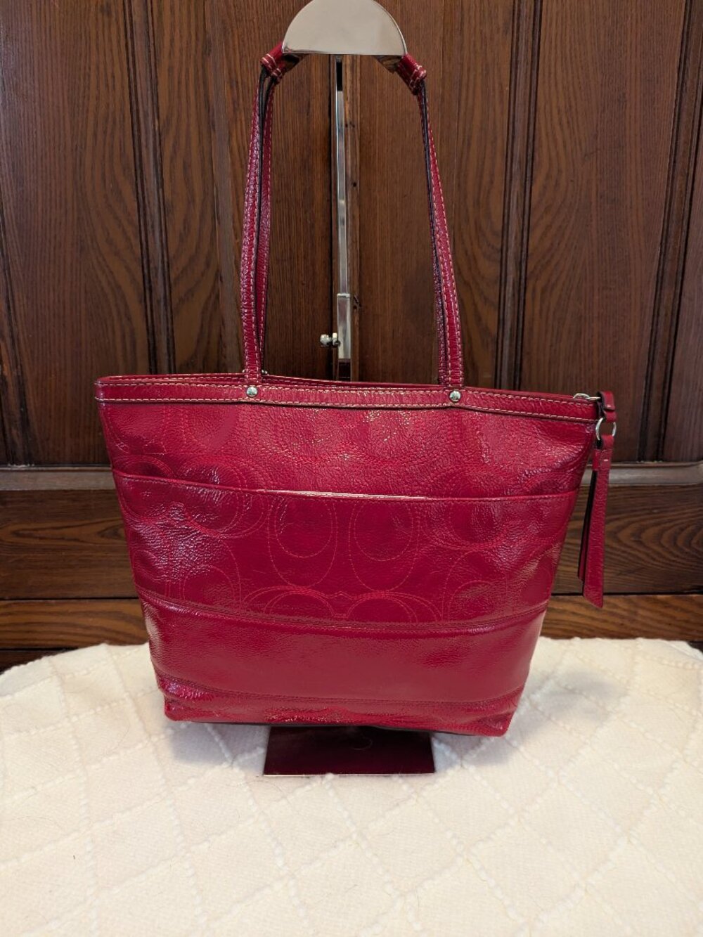 Coach Signature Striped Stitch Red Patent Leather Tote F19198 - Picture 3 of 12